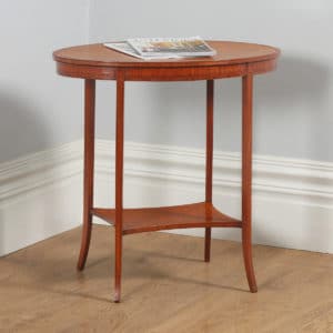 Antique English Edwardian Sheraton Style Satinwood & Marquetry Oval Occasional Centre Side Table (Circa 1905)- yolagray.com
