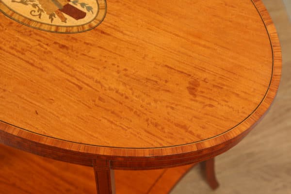 Antique English Edwardian Sheraton Style Satinwood & Marquetry Oval Occasional Centre Side Table (Circa 1905)- yolagray.com