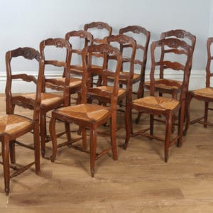 Antique Set of 10 French Louis XV Style Oak Ladder Back Rush Seat Kitchen Dining Chairs (Circa 1910) - yolagray.com