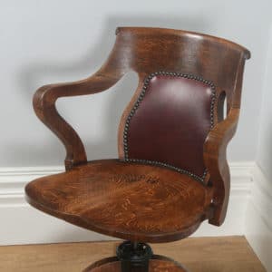 Antique Edwardian Oak & Leather Revolving Swivel Office Desk Arm Chair (Circa 1905)- yolagray.com