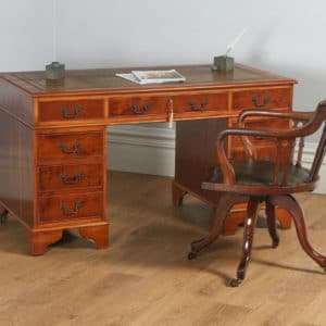 Vintage English Georgian Style Yew Wood & Brown Leather 4ft 6” Pedestal Office Desk (Circa Late 20th Century) - yolagray.com