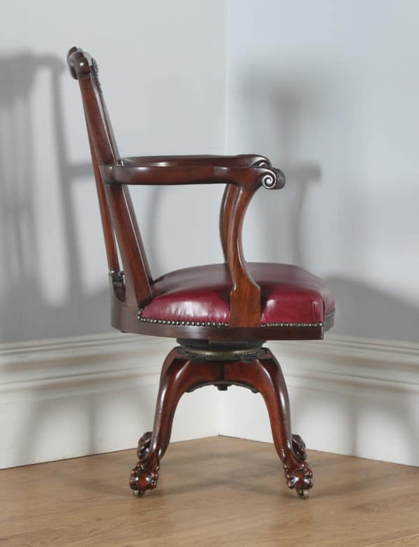 Antique English Georgian Chippendale Style Mahogany & Leather Revolving Desk Chair (Circa 1890) - yolagray.com