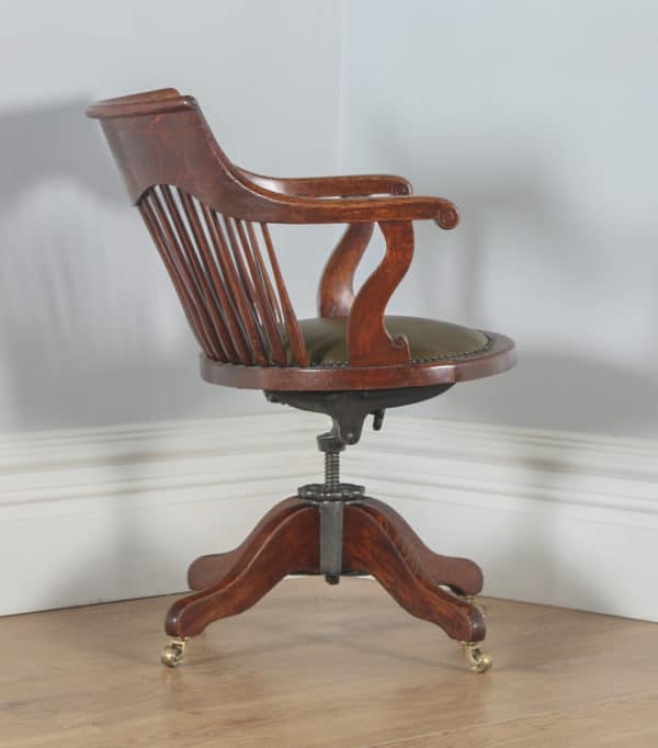 Antique English Edwardian Oak & Green Leather Revolving Swivel Office Desk Arm Chair (Circa 1910) - yolagray.com
