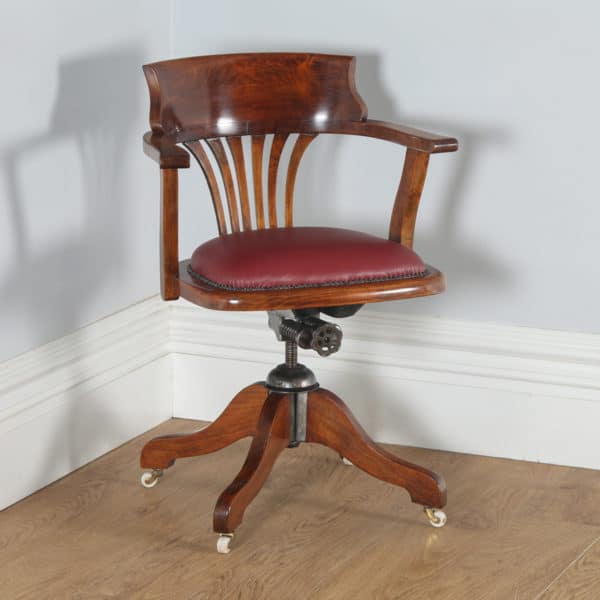 Antique English Edwardian Beech and Red Leather Revolving Swivel Office Desk Arm Chair (Circa 1910) - yolagray.com