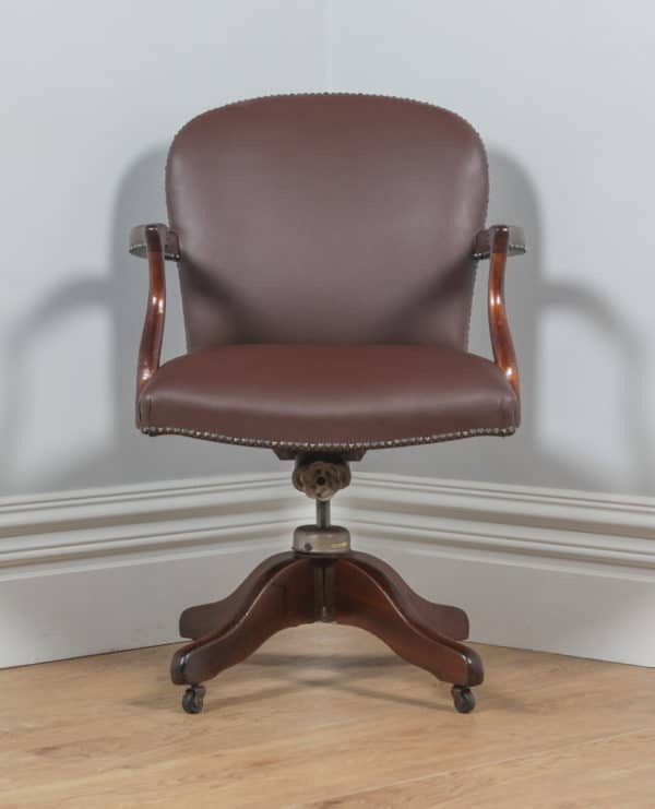 Antique English George V Mahogany & Brown Leather Revolving Office Desk Chair by Maple & Co. (Circa 1920) - yolagray.com
