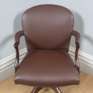 Antique English George V Mahogany & Brown Leather Revolving Office Desk Chair by Maple & Co. (Circa 1920) - yolagray.com
