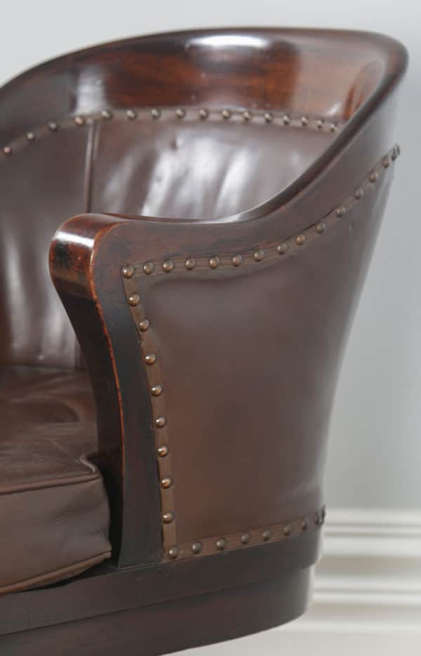 Antique English Edwardian Mahogany & Brown Leather Revolving Office Desk Arm Chair (Circa 1910) - yolagray.com