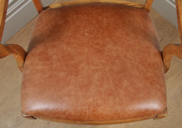 Antique English Edwardian Oak & Tan Brown Leather Revolving Office Desk Chair (Circa 1910) - yolagray.com