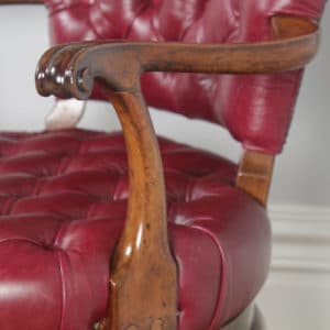 Antique English Queen Anne Style Walnut & Red Leather Revolving Office Desk Arm Chair (Circa 1890) - yolagray.com