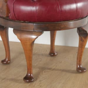 Antique English Queen Anne Style Walnut & Red Leather Revolving Office Desk Arm Chair (Circa 1890) - yolagray.com