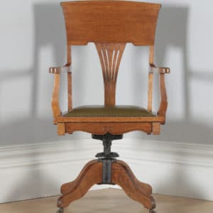 Antique American Edwardian Art Nouveau Oak & Leather Revolving Office Desk Arm Chair (Circa 1903) - yolagray.com