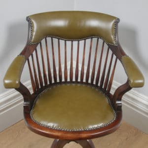 Antique English Edwardian Beech & Green Leather Revolving Swivel Office Desk Arm Chair (Circa 1910) - yolagray.com