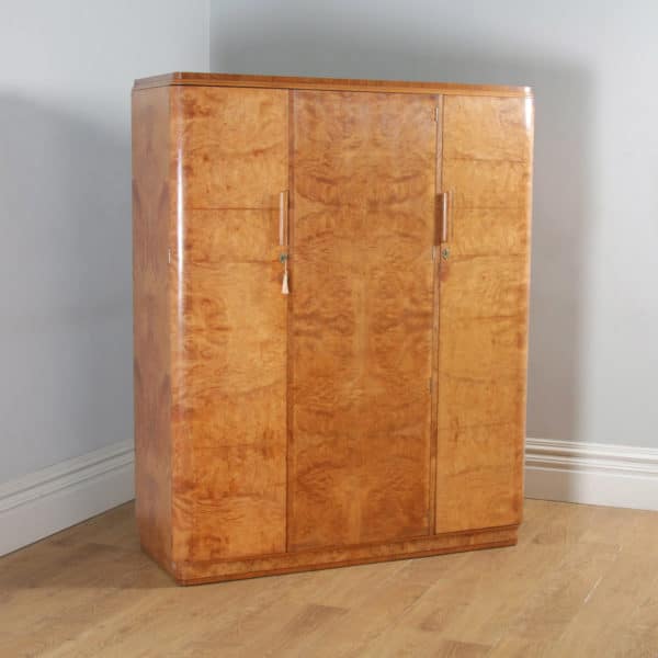 Antique English Art Deco Burr Maple, Satinwood & Walnut Three Door Compactum Wardrobe (Circa 1930) - yolagray.com