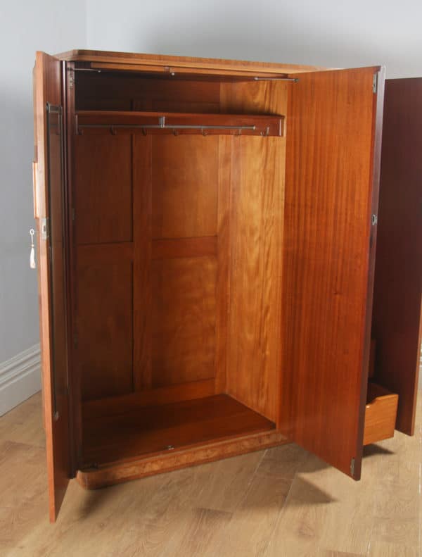 Antique English Art Deco Burr Maple, Satinwood & Walnut Three Door Compactum Wardrobe (Circa 1930) - yolagray.com