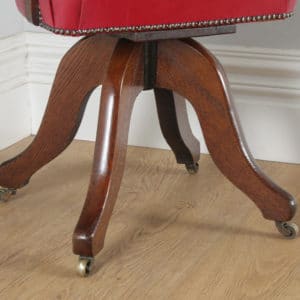 Antique English Victorian Oak & Crimson Red Leather Revolving Office Desk Arm Chair (Circa 1890)- yolagray.com