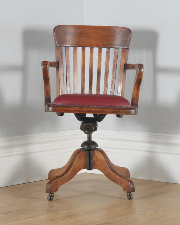 Antique English Edwardian Beech & Red Leather Revolving Office Desk Chair (Circa 1910) - yolagray.com