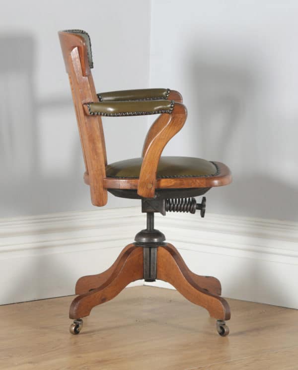 Antique English Edwardian Oak & Green Leather Revolving Office Desk Arm Chair by Matthews & Son of Liverpool (Circa 1910) - yolagray.com