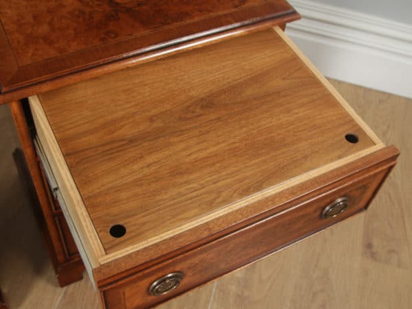 Pair of English Georgian Regency Style Burr Walnut Bachelor Bedside Chests of Drawers Cupboards (Circa 1980) - yolagray.com