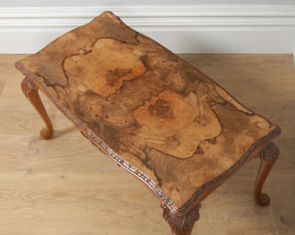 Antique English Queen Anne Style Carved Burr Walnut Rectangular Coffee Table (Circa 1920) - yolagray.com