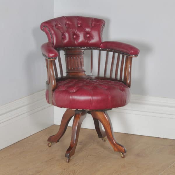 Antique English Victorian Mahogany & Burgundy Red Leather Revolving Office Desk Arm Chair (Circa 1880) - yolagray.com