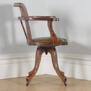Antique English Victorian Beech & Green Leather Revolving Office Desk Arm Chair (Circa 1900) - yolagray.com
