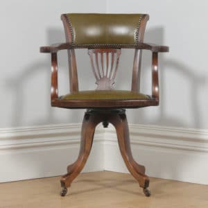 Antique English Victorian Beech & Green Leather Revolving Office Desk Arm Chair (Circa 1900) - yolagray.com