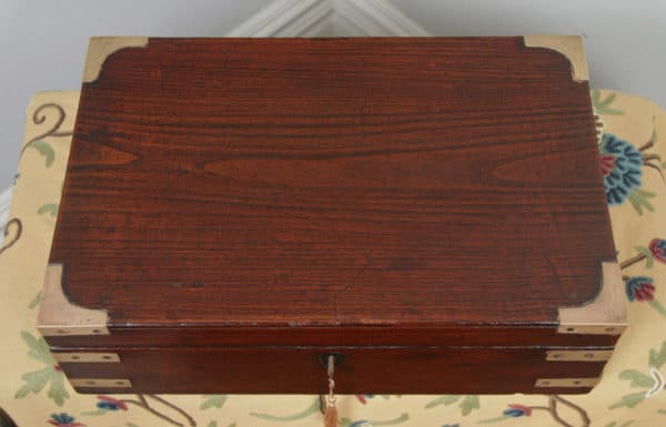 Antique Victorian Colonial Campaign Teak & Brass Inlaid Writing / Jewellery / Sewing Box (Circa 1860) - yolagray.com