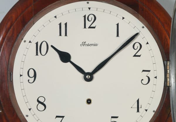 Antique 16" Mahogany Ansonia Railway Station / School Round Dial Wall Clock (Timepiece) - yolagray.com