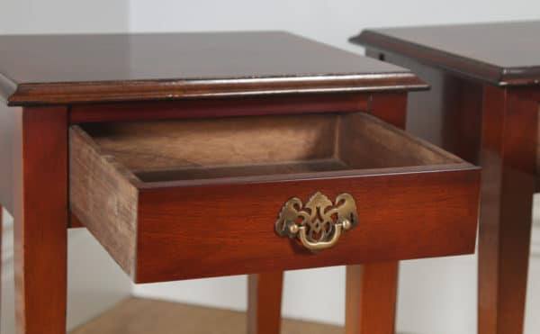 Pair of English Georgian Regency Style Inlaid Mahogany & Burr Walnut Bed Side Tables / Nightstands (Circa 1980)- yolagray.com