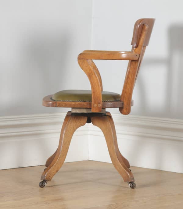 Antique Edwardian Oak & Green Leather Revolving Office Desk Arm Chair (Circa 1910)- yolagray.com