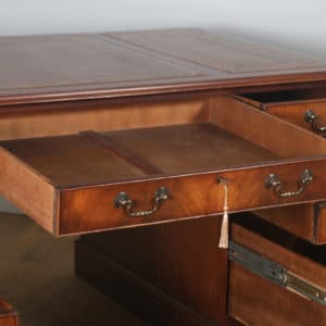 Vintage English Georgian Style Flame Mahogany & Brown Leather 5ft 1⅝” Pedestal Office Desk (Circa 1980) - yolagray.com
