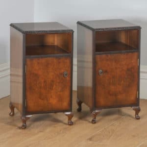 Antique English Pair of Queen Anne Style Burr Walnut Bedside Cupboards Nightstands (Circa 1940) - yolagray.com