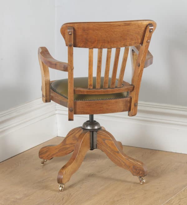 Antique English Edwardian Oak & Green Leather Revolving Office Desk Arm Chair (Circa 1910)- yolagray.com