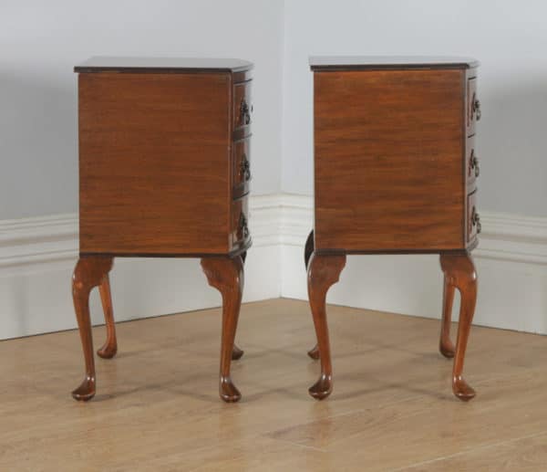 Antique English Pair of Queen Anne Style Burr Walnut Bow Front Bedside Chests Tables Nightstands (Circa 1940) - yolagray.com