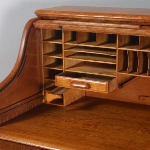 Antique English Edwardian 5ft Oak Roll Top Pedestal Office Writing Desk (Circa 1910) - yolagray.com