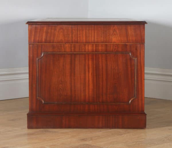 Vintage English Georgian Style Flame Mahogany & Brown Leather 5ft 1⅝” Pedestal Office Desk (Circa 1980) - yolagray.com