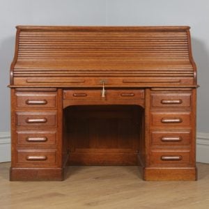 Antique English Edwardian 5ft Oak Roll Top Pedestal Office Writing Desk (Circa 1910) - yolagray.com