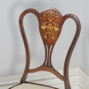Antique English Victorian Pair of Mahogany & Satinwood Marquetry Inlaid Salon Side Chairs (Circa 1890) - yolagray.com