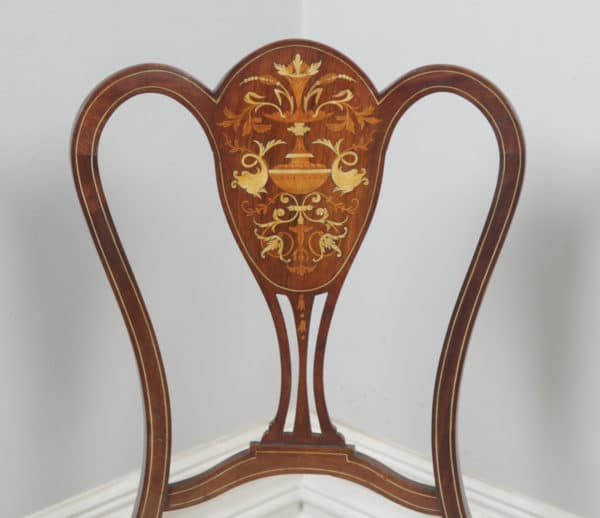 Antique English Victorian Three Piece Mahogany & Satinwood Marquetry Inlaid Salon Suite Sofa & Pair of Chairs (Circa 1890) - yolagray.com