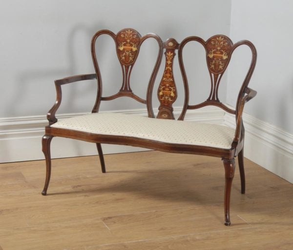 Antique English Victorian Mahogany & Satinwood Marquetry Inlaid Salon Couch Sofa Settee (Circa 1890) - yolagray.com