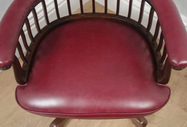 Antique English Edwardian Mahogany & Red Leather Revolving Office Desk Arm Chair (Circa 1900)- yolagray.com