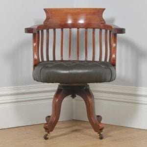 Antique English Victorian Mahogany & Dark Green Leather Revolving Office Desk Arm Chair (Circa 1880) - yolagray.com