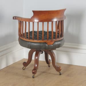 Antique English Victorian Mahogany & Dark Green Leather Revolving Office Desk Arm Chair (Circa 1880) - yolagray.com