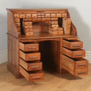 Antique English Edwardian 4ft 2” Oak Roll Top Pedestal Office Writing Desk (Circa 1910) - yolagray.com