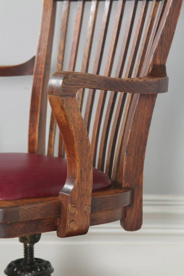 Antique English Edwardian Oak & Burgundy Red Leather Revolving Office Desk Arm Chair (Circa 1910) - yolagray.com