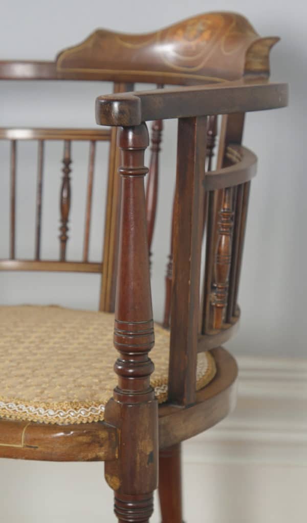 Antique English Edwardian Mahogany Inlaid Satinwood Marquetry Salon Corner Arm Chair (Circa 1900) - yolagray.com