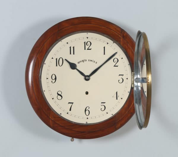 Antique 16" Mahogany Anglo Swiss Railway Station / School Round Dial Wall Clock (Timepiece) - yolagray.com