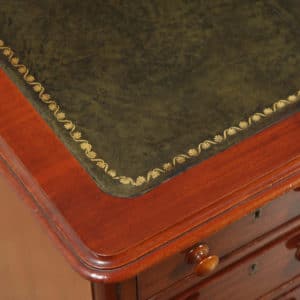 Antique Victorian Mahogany & Green Leather 4ft 6” Breakfront Knee Hole Office Pedestal Writing Desk (Circa 1870) - yolagray.com
