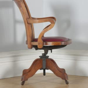 Antique English Edwardian Oak & Burgundy Red Leather Revolving Office Desk Arm Chair by Phillips & Sons of Bristol (Circa 1910) - yolagray.com