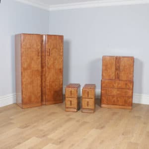 Antique English Art Deco Burr Walnut Three Piece Bedroom Suite by Ray & Miles of Liverpool Incorporating Wardrobe, Tallboy Chest of Drawers & Bedside Cabinets (Circa 1930) - yolagray.com